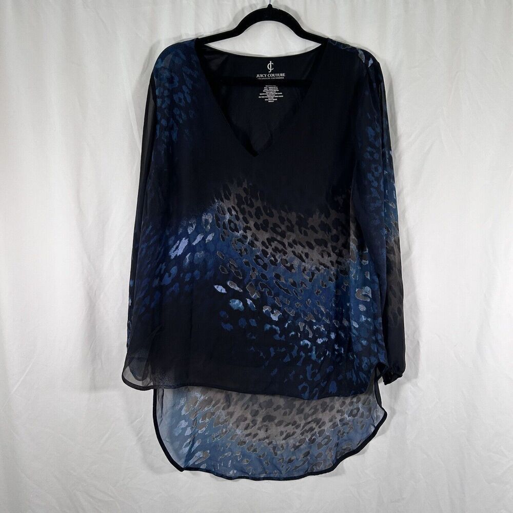 Juicy Couture Blouse Women's XL Blue Sheer Sleeve Vneck Lightweight